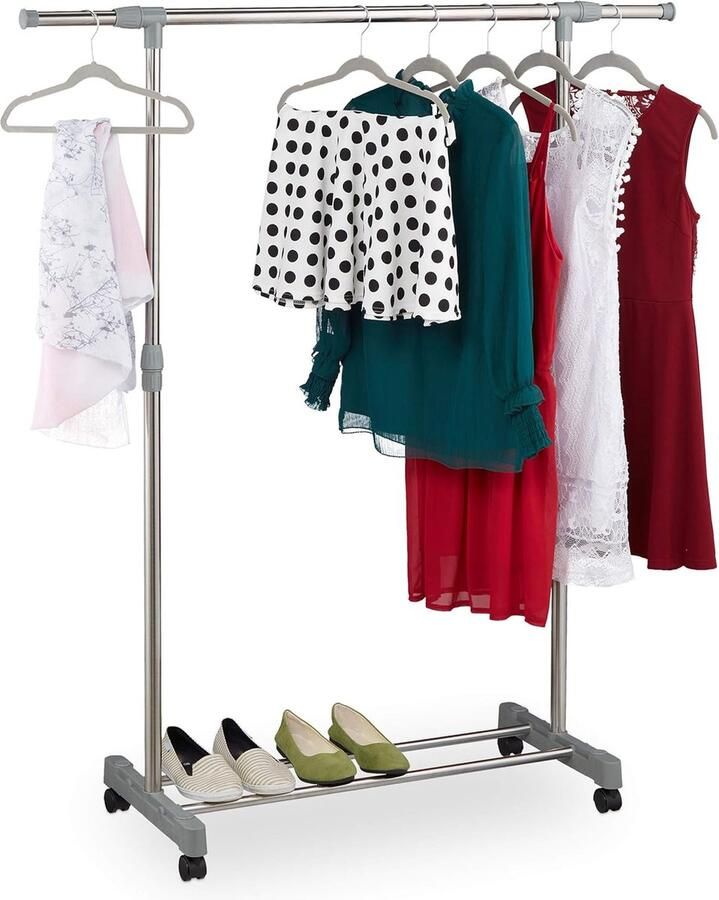 Relaxdays kledingrek 80% staal 20% kunststof op wieltjes met kledingroede & plateau verstelbaar 41D x 160B x 165H centimeter Laadvermogen 20 kg Zilver