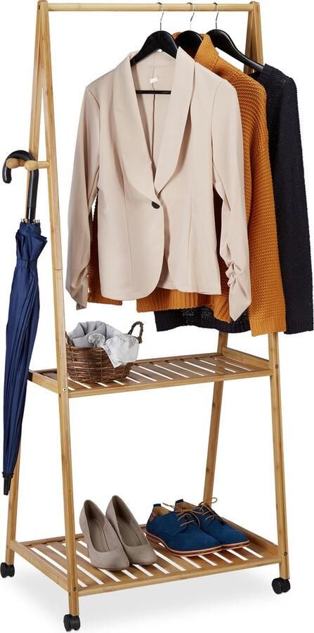 Relaxdays kledingrek op wieltjes kledingstandaard garderobe kledingroede bamboe