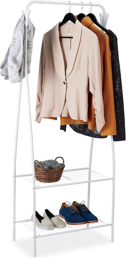 Relaxdays kledingrek metaal 2 planken & 4 haken Uitbreidbaar Zwaar gebruik 158 x 60 x 33 centimeter Laadvermogen 30 kg wit