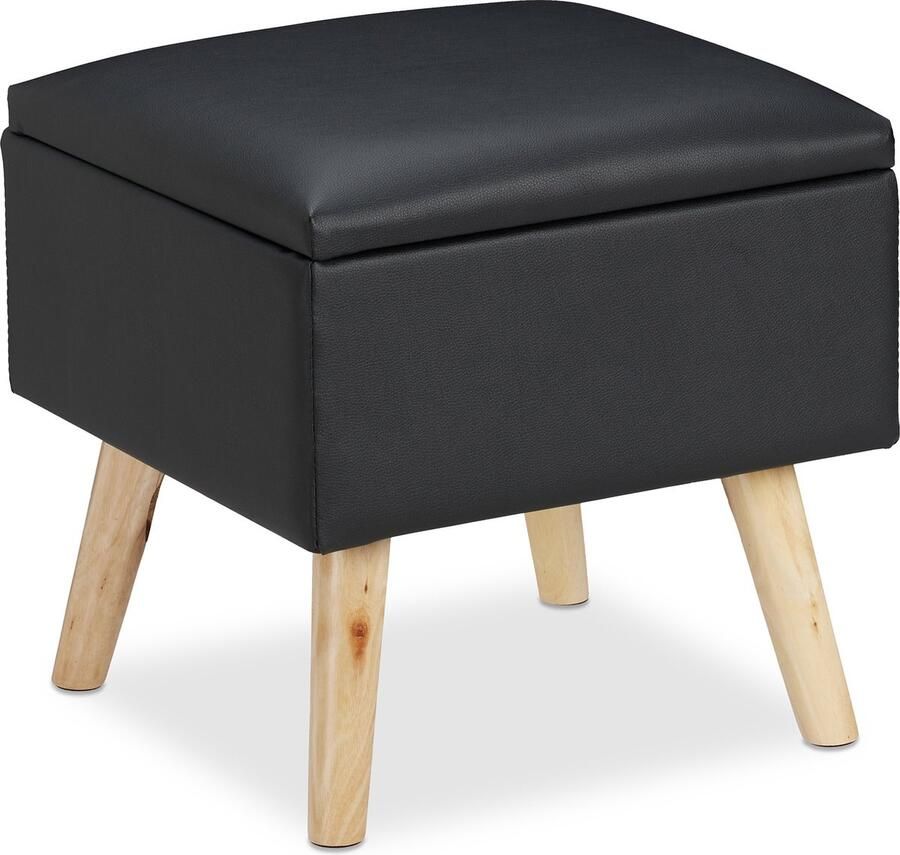 Relaxdays krukje met opbergruimte kunstleer 40 x 40 x 40 cm deksel zachte zitting zwart - Foto 2