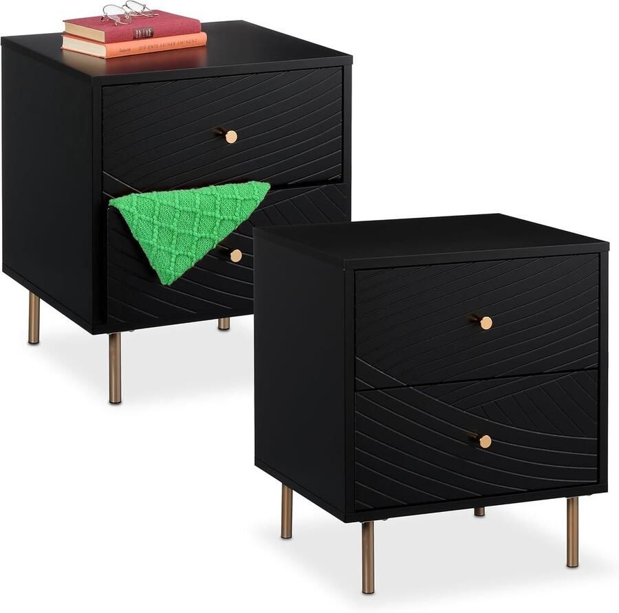 Relaxdays Nachtkastje Set van 2 Lades Slaapkamer 52x45x40cm Zwart Goud