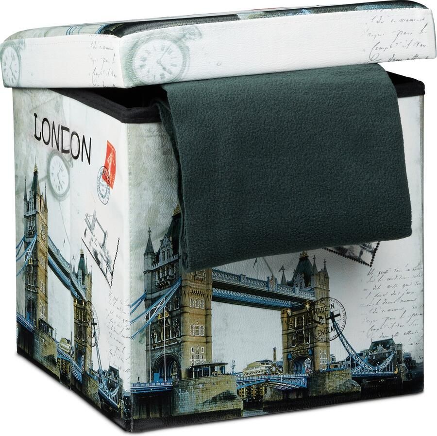 Relaxdays poef met opbergruimte opvouwbaar kunstleer Londen print 38 cm hoog deksel voetenbankje London