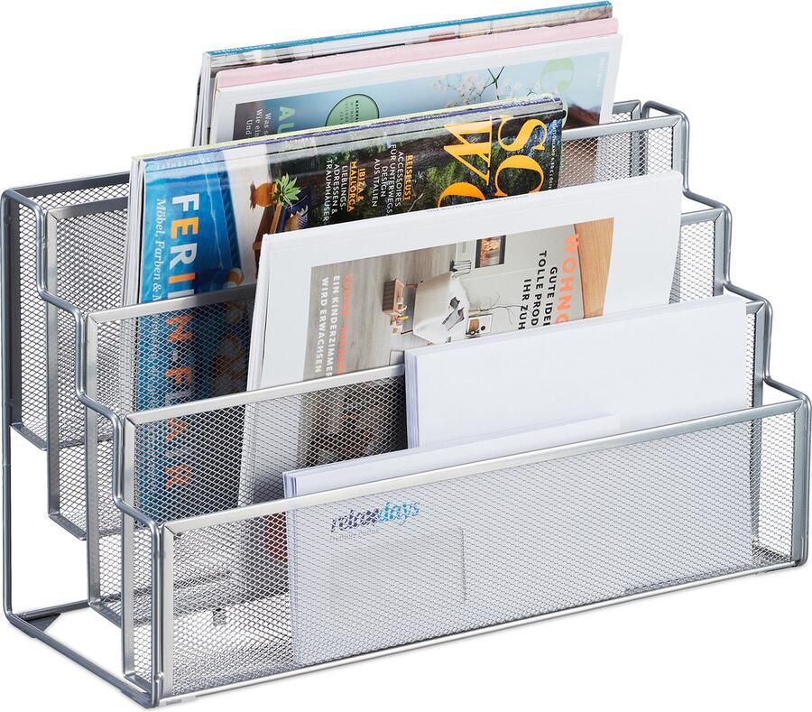 Relaxdays tijdschriftenhouder metaal 4 vakken brievenbak bureau 26 x 45 x 18 cm voor magazines en kranten zilver