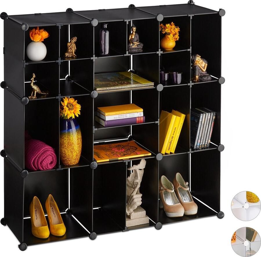 Relaxdays vakkenkast 12 vakken modulair kastsysteem diy roomdivider kliksysteem zwart
