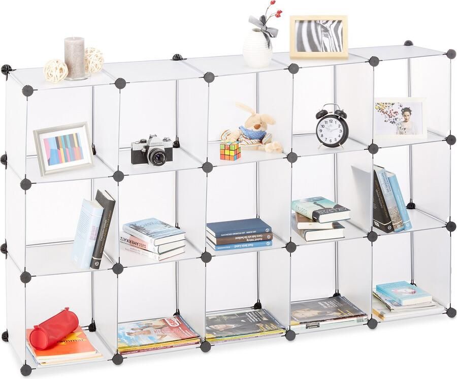 Relaxdays vakkenkast 15 vakken uitbreidbaar stevig roomdivider kunststof transparant doorzichtig