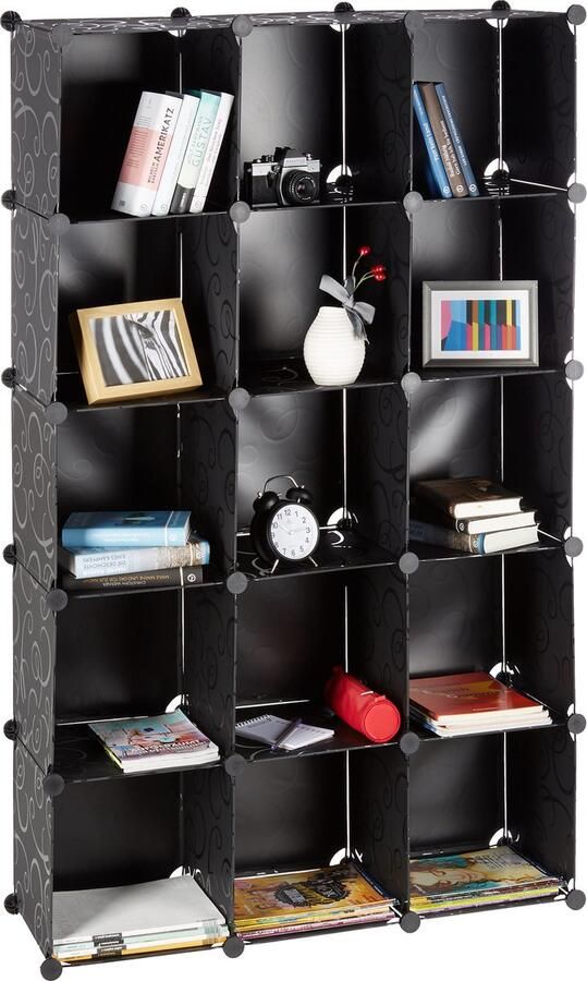 Relaxdays vakkenkast van kunststof rek 15 vakken uitbreidbaar schoenenrek stevig zwart