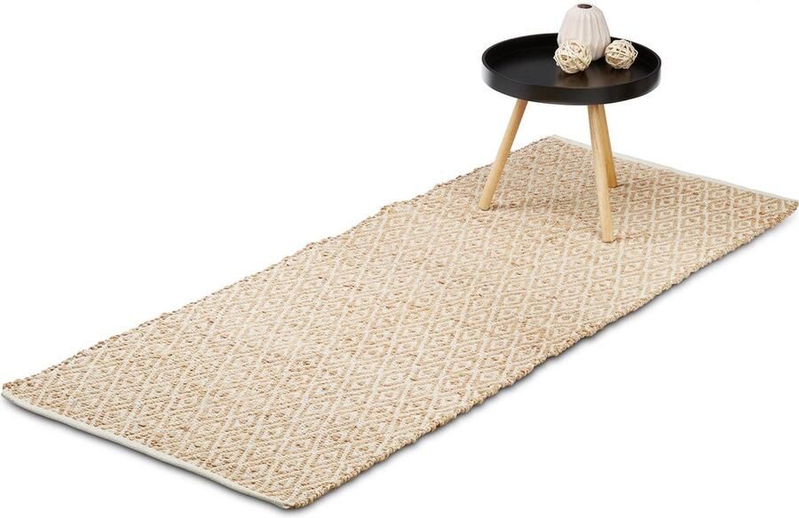 Relaxdays vloerkleed jute en katoen 80 x 200 cm antislip ruitjes lichtbruin 80 x 200 cm