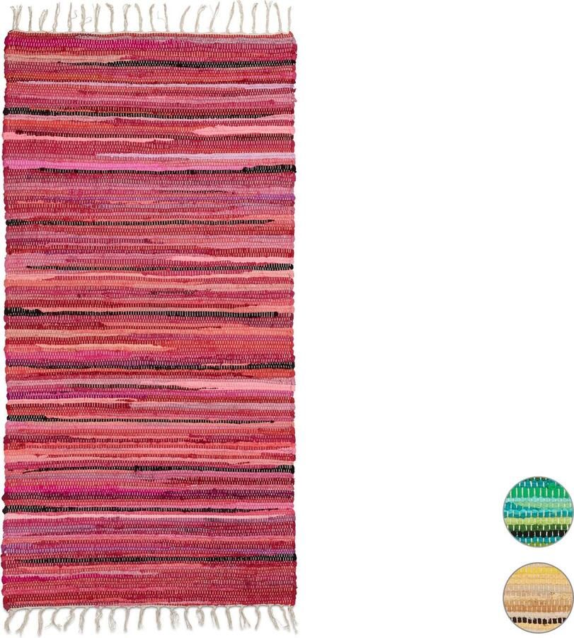 Relaxdays vloerkleed laagpolig 70 x 140 cm met franjes meerkleurig polyester en katoen rood