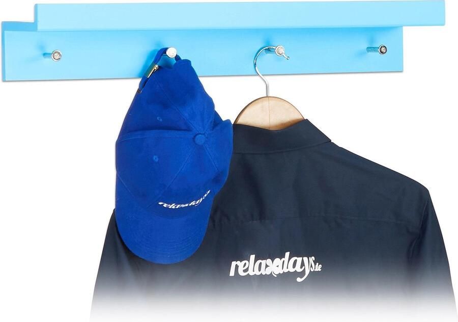Relaxdays wandhaken met plank garderobe haken sleutelkastje 4 haken wandkapstok blauw