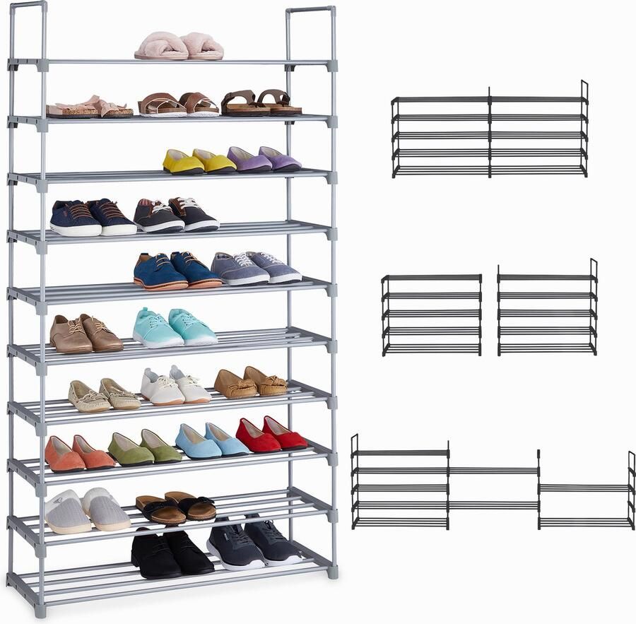 Relaxdays XXL schoenenrek 10 etages steeksysteem modulair 175 5 x 93 x 30 5 cm metaal grijs