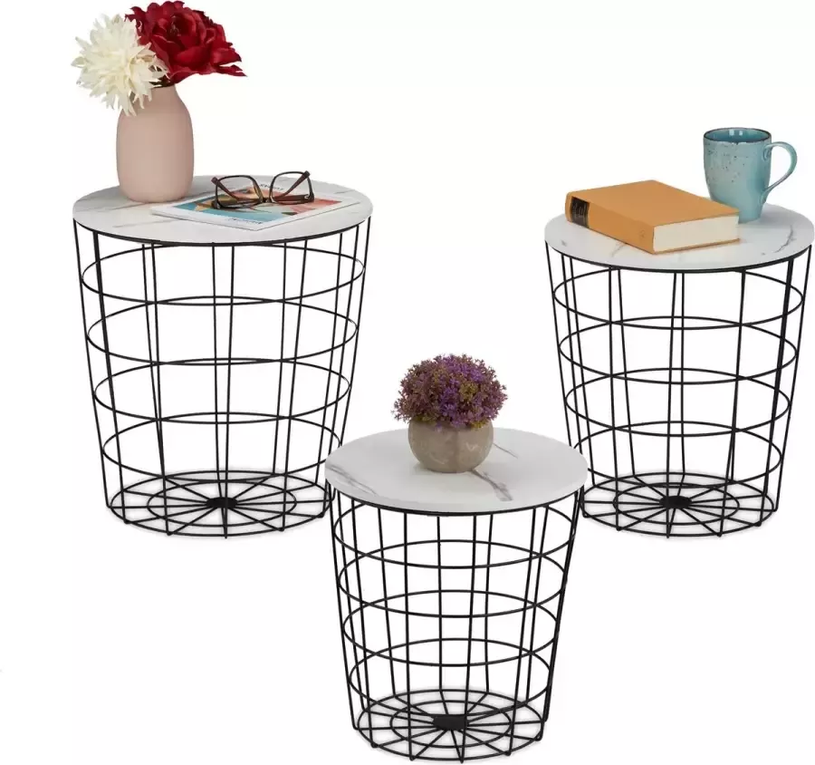 Relaxdays bijzettafel set van 3 draadmand met opbergruimte marmerlook metaal