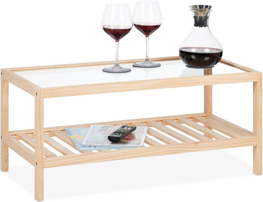 Relaxdays salontafel met glazen blad houten koffietafel met opbergruimte woonkamer