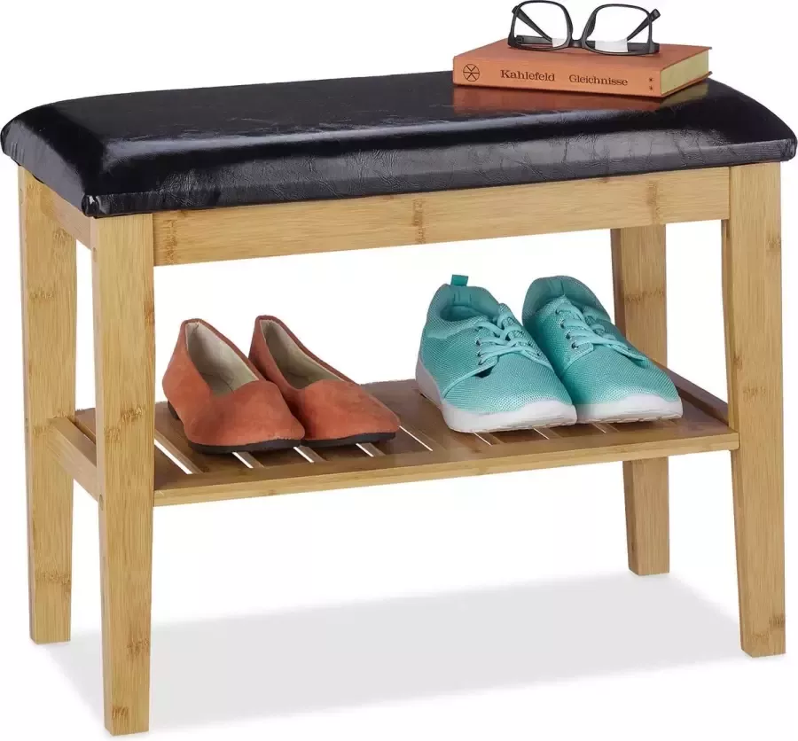 Relaxdays schoenenbank met zitkussen halbankje schoenenrek bamboe schoenenkastje