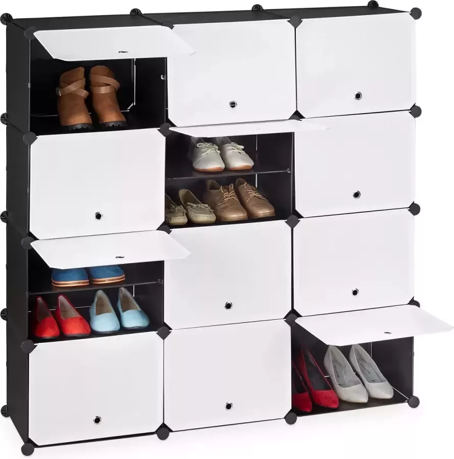 Relaxdays schoenenkast 125 x 125 x 32 cm 24 vakken met deuren kunststof metaal zwart-wit