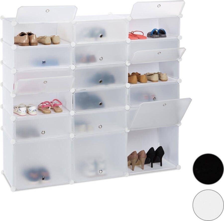 Relaxdays schoenenkast kunststof 18 vakken vakkenkast schoenenrek met deuren DIY wit