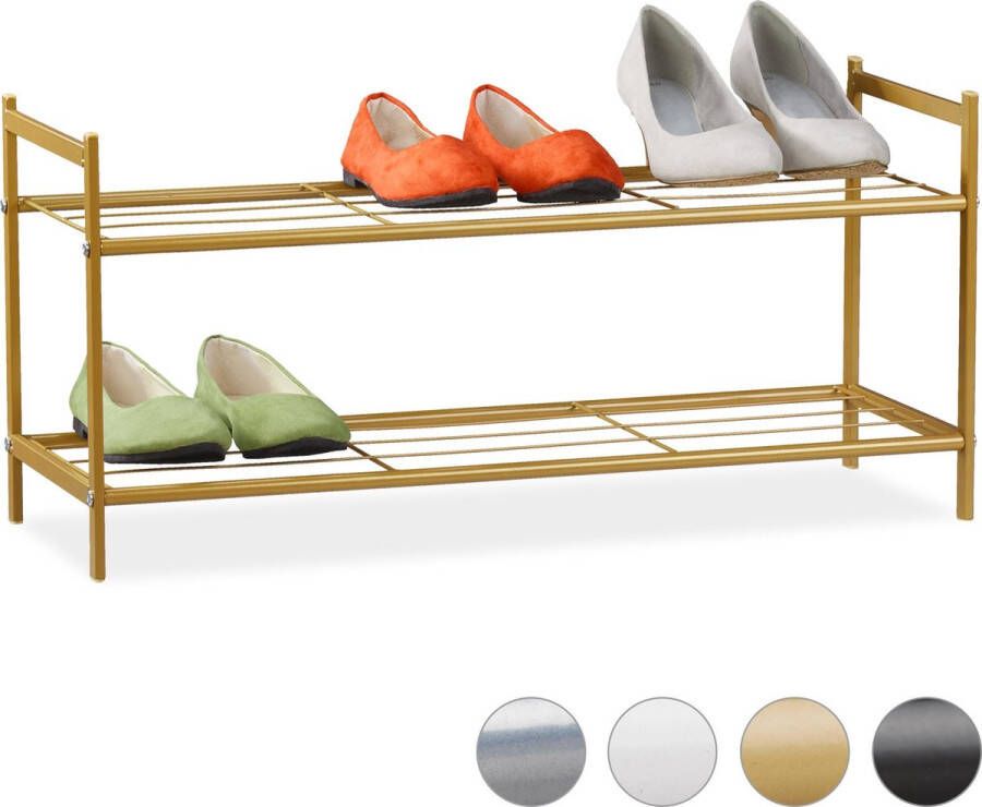Relaxdays schoenenrek 2 laags open schoenenkast schoenen opbergrek metaal 6 paar goud