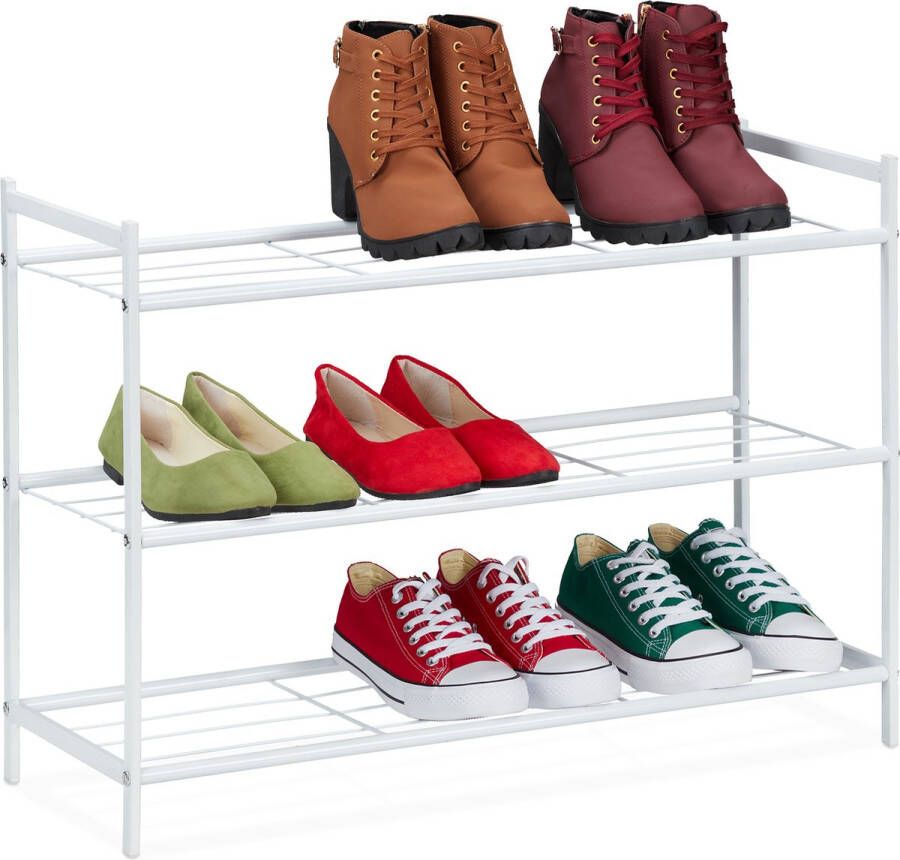 Relaxdays schoenenrek 3 laags open schoenenkast schoenen opbergrek metaal 9 paar wit