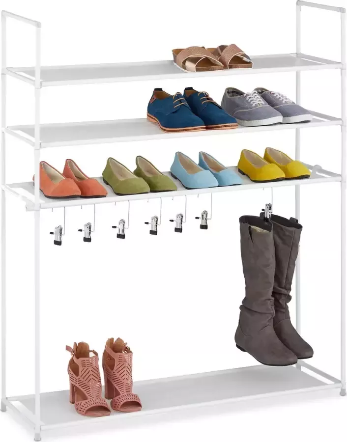 Relaxdays schoenenrek 4 etages 119x100x30 cm 7 knijpers voor laarzen kunststof en metaal wit