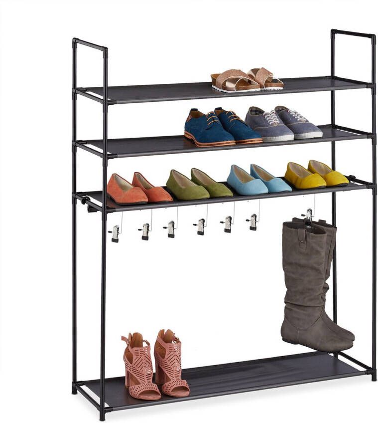 Relaxdays schoenenrek 4 etages 119x100x30 cm 7 knijpers voor laarzen kunststof en metaal zwart