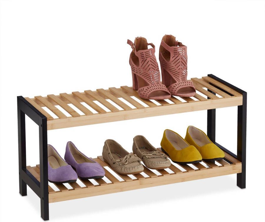 Relaxdays schoenenrek open 2 etages 33 x 70 x 26 cm voor 6 paar bamboe MDF natuur-zwart