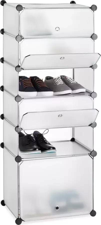 Relaxdays schoenenrek kunststof 6 vakken schoenenkast DIY vakkenkast met kleppen doorzichtig