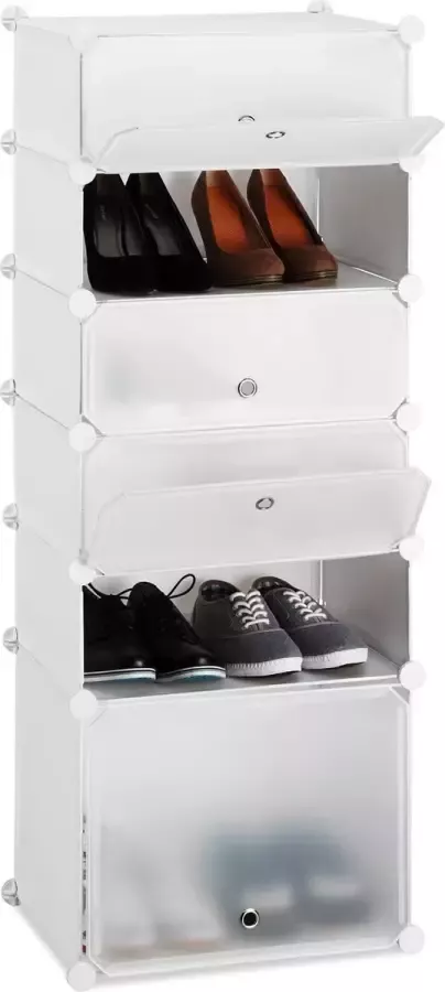 Relaxdays schoenenrek kunststof 6 vakken schoenenkast DIY vakkenkast met kleppen wit