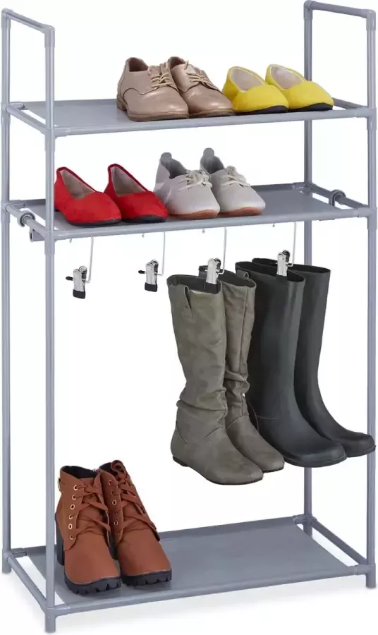 Relaxdays schoenenrek 3 etages 10 paar 4 knijpers voor laarzen modulair 101x60x30 cm grijs