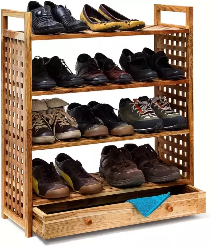 Relaxdays schoenenrek met lade hout 4 etages schoenenkast walnoothout - Foto 1