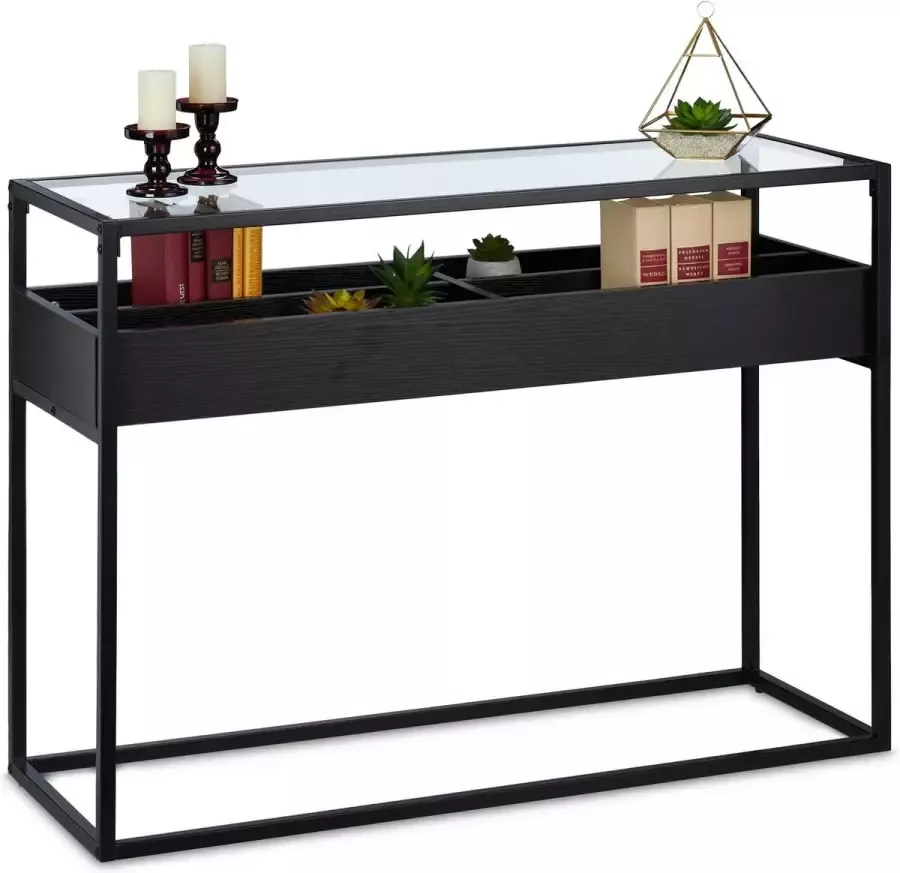 Relaxdays sidetable met vakken wandtafel glas haltafel metaal zwarte consoletafel