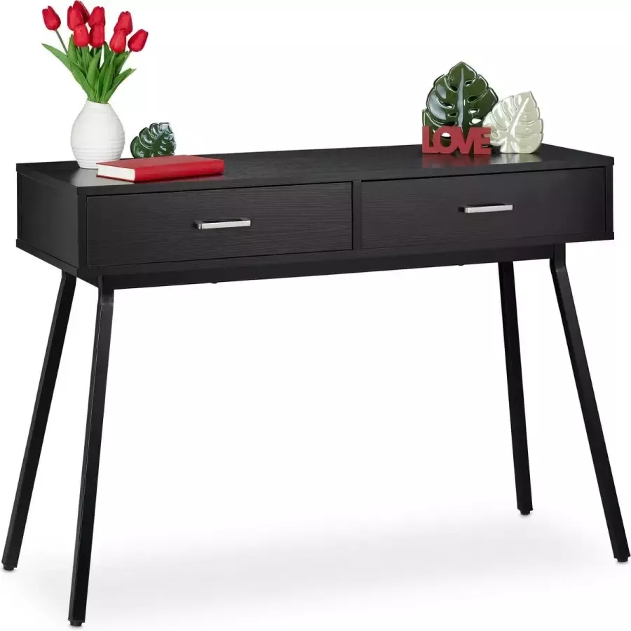 Relaxdays sidetable zwart metalen wandtafel consoletafel met lades smalle haltafel