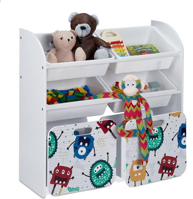 Relaxdays speelgoedkast 6 opbergbakken monster 2 boxen op wielen 80 5x82 5x30 cm wit