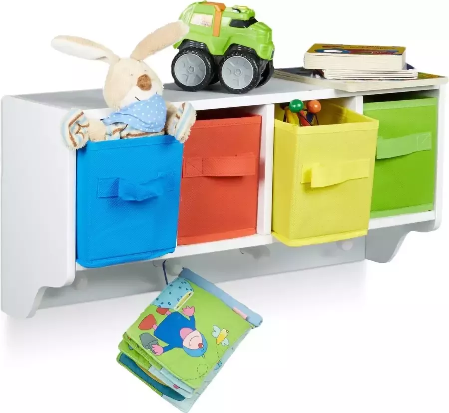 Relaxdays Speelgoedrek ALBUS speelgoedkast met kleurrijke manden wandrek met 4 haken