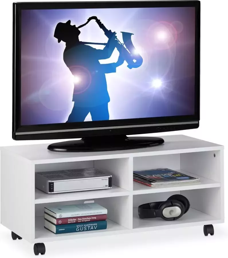 Relaxdays tv meubel 4 vakken verrijdbaar voor cd's dvd's en toestellen woonkamer 35 x 80 x 35 cm wit