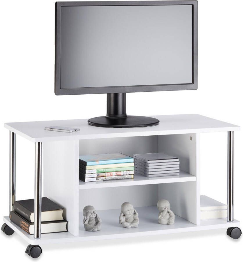 Relaxdays tv-meubel, op 4 wielen, open, verrijdbaar, MDF, HxBxD: 41,5 x 80 x 40 cm, tv kast, televisie meubel, wit