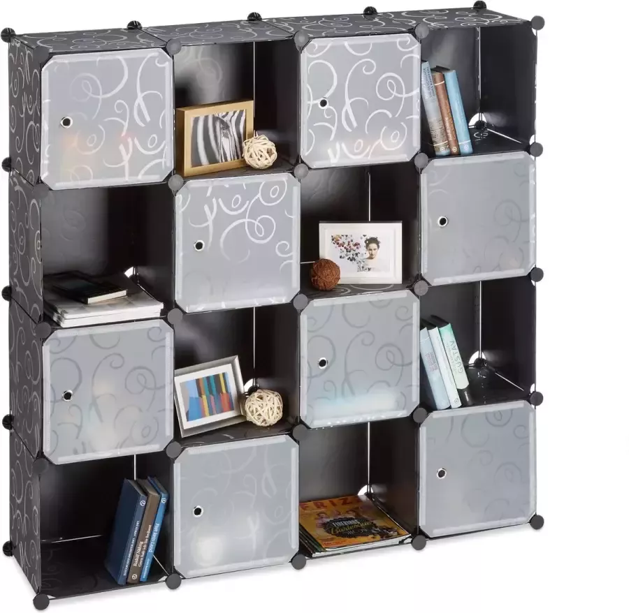 Relaxdays vakkenkast 127 x 127 x 31 5 cm 16 vakken kliksysteem met deuren room divider zwart