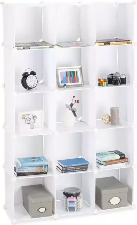 Relaxdays vakkenkast van kunststof rek 15 vakken uitbreidbaar schoenenrek stevig wit