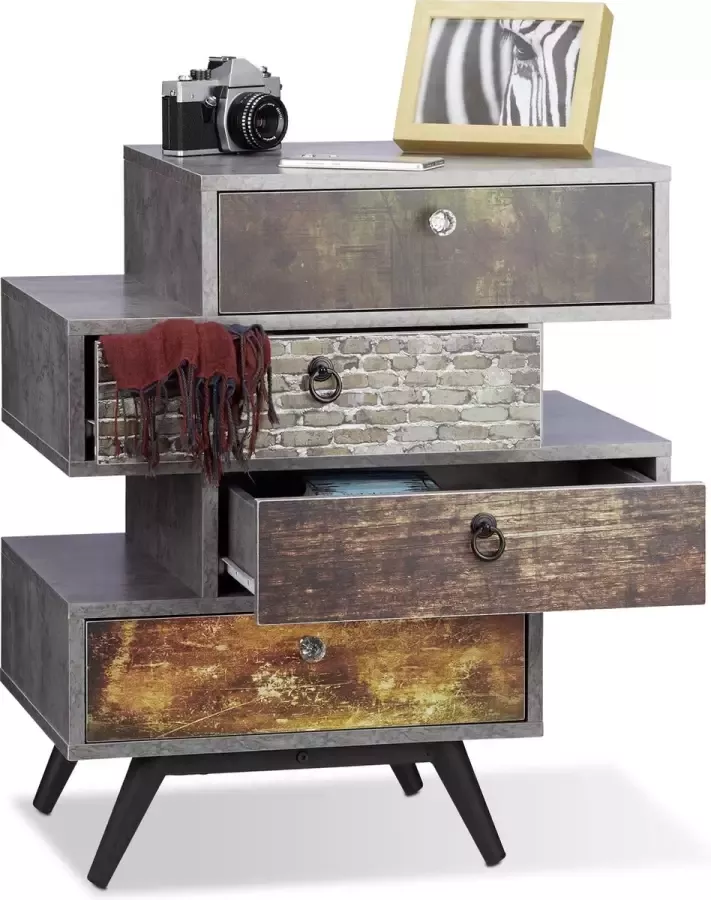 Relaxdays vintage kast met 4 lades betonnen look met motief 68 x 60 x 40 cm retro grijs