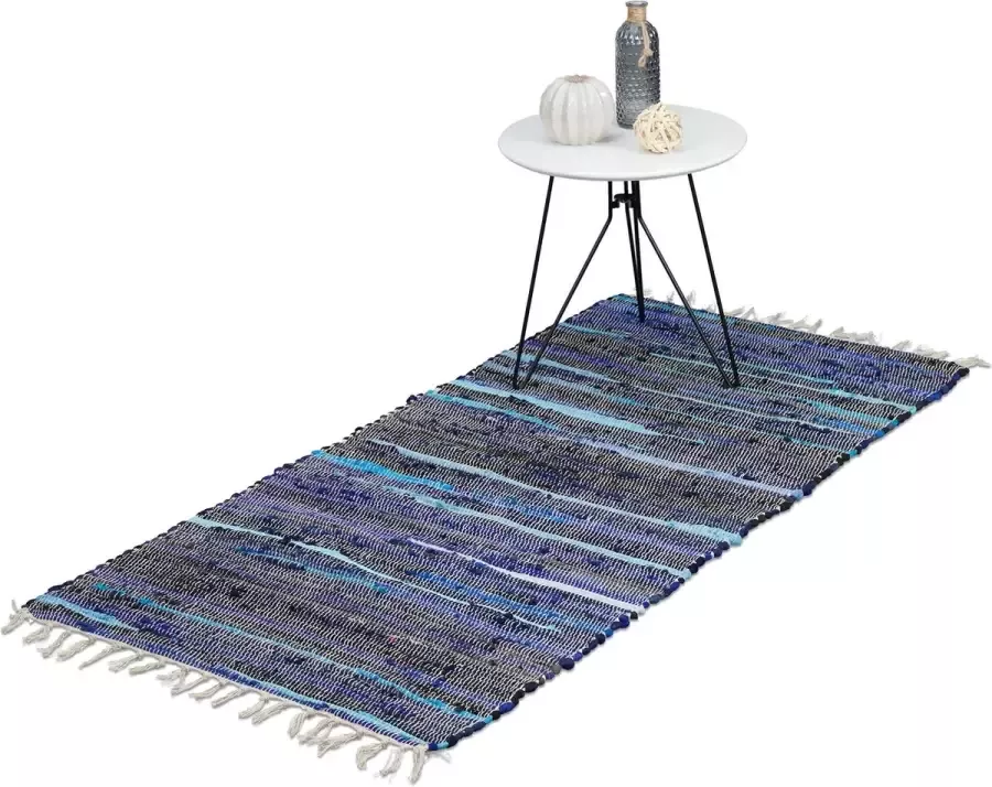 Relaxdays vloerkleed 70 x 140 cm tapijt franjes chill mat meerkleurig blauw