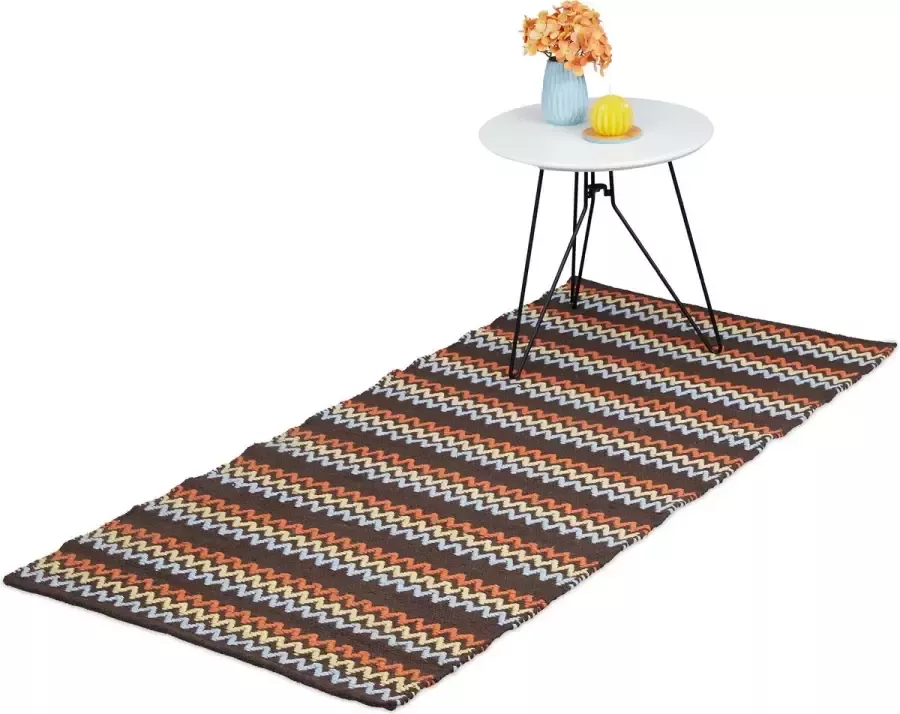 Relaxdays vloerkleed boho-stijl tapijt zigzag handgeweven chill mat katoen 70 x 140 cm