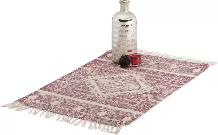 Relaxdays vloerkleed Ethno wijnrood laagpolig met franjes loper tapijt kleedje Rood 60 x 90 cm