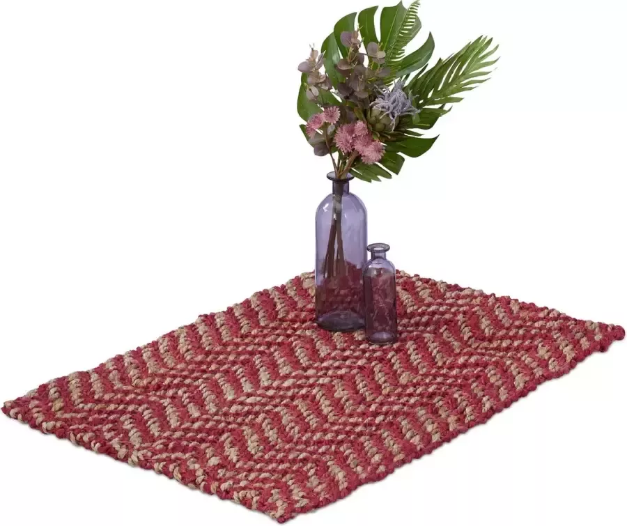 Relaxdays vloerkleed jute 60 x 90 cm vloertapijt zigzag handgeweven beige rood