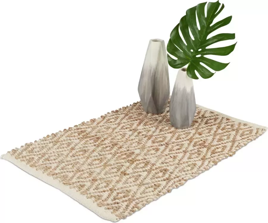 Relaxdays vloerkleed jute en katoen binnenkleed ruitjes karpet antislip natuur 120 x 180 cm