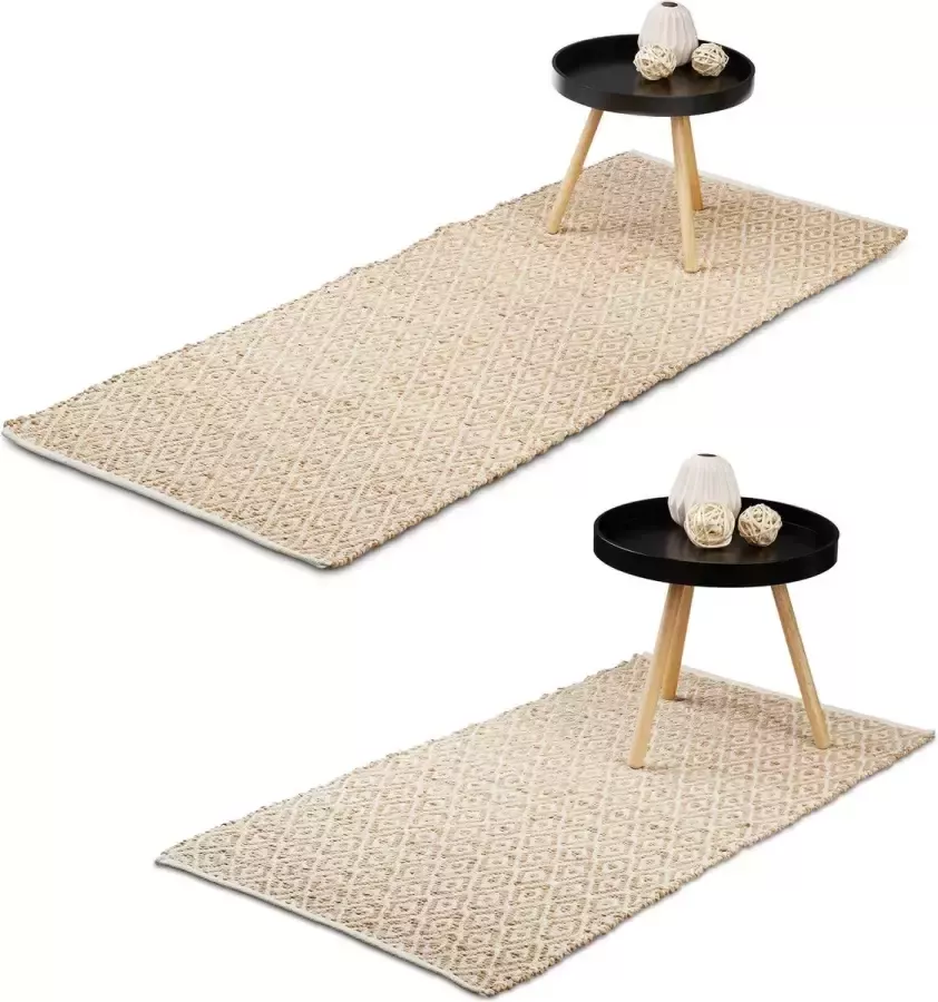 Relaxdays vloerkleed jute en katoen binnenkleed ruitjes karpet antislip natuur 60 x 90 cm