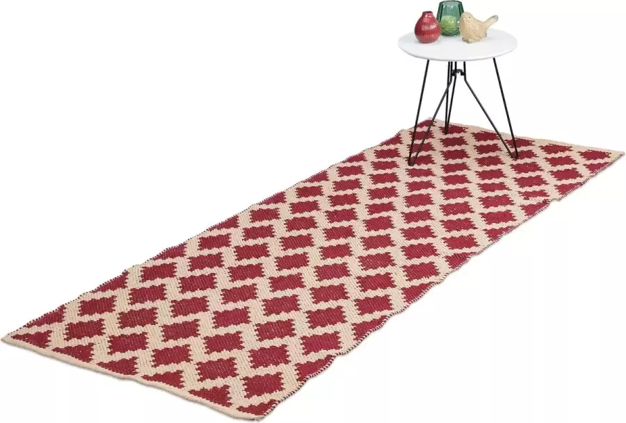 Relaxdays vloerkleed katoen 80x200 cm tapijt binnenkleed ruitjes kleuren rood