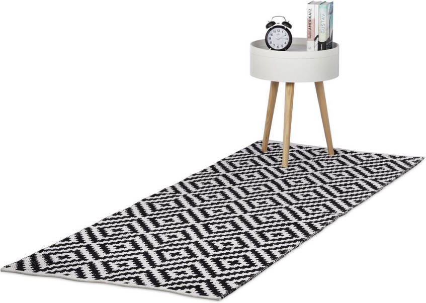 Relaxdays vloerkleed katoen antislip kleed zwart-wit woonkamer tapijt 3 groottes 80x200cm