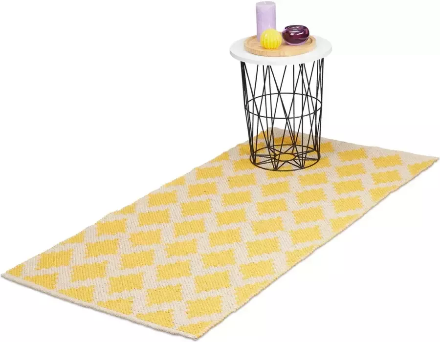 Relaxdays vloerkleed katoen tapijt 70 x 140 cm karpet antislip ruitjes geel