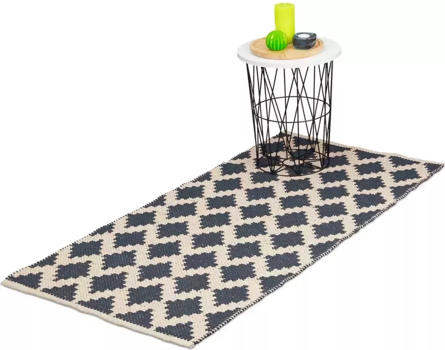 Relaxdays vloerkleed katoen tapijt 70 x 140 cm karpet antislip ruitjes grijs