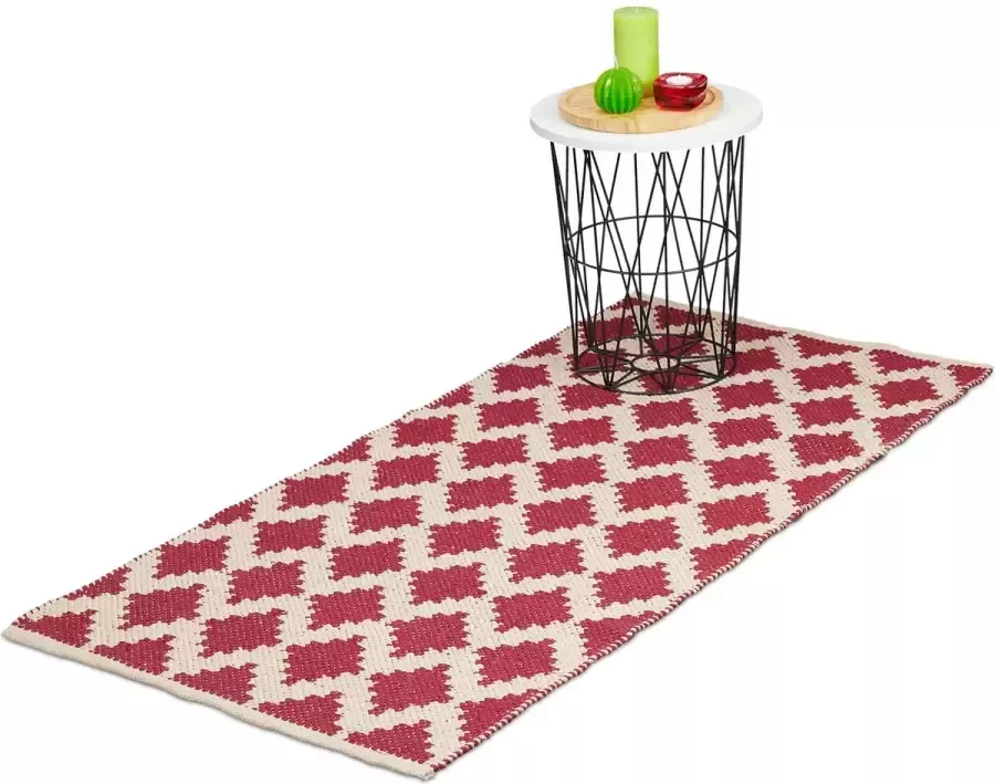 Relaxdays vloerkleed katoen tapijt 70 x 140 cm karpet antislip ruitjes rood