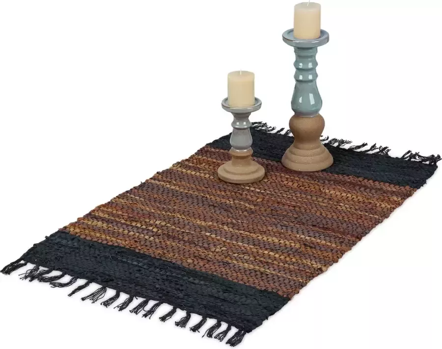 Relaxdays vloerkleed leder en katoen 60 x 110 cm tapijt franjes kleuren bruin