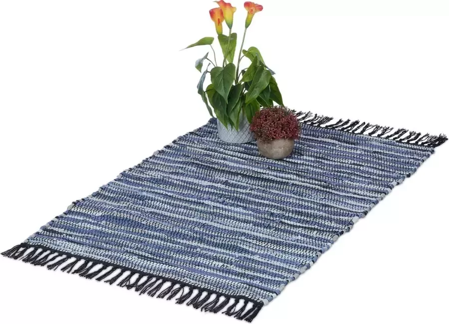 Relaxdays vloerkleed leder en katoen binnenkleed 60 x 100 cm chill mat tapijt blauw